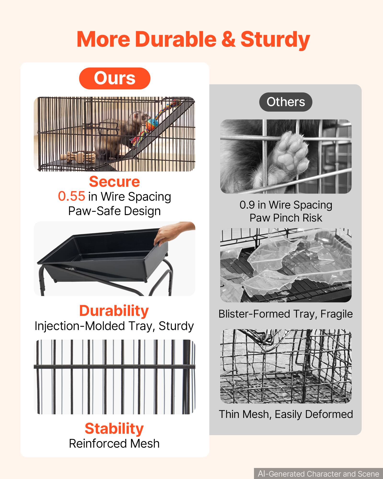 More Durable & Sturdy

Ours
- Secure
  - 0.55 in Wire Spacing Paw-Safe Design
- Durability
  - Injection-Molded Tray, Sturdy
- Stability
  - Reinforced Mesh

Others
- 0.9 in Wire Spacing Paw Pinch Risk
- Blister-Formed Tray, Fragile
- Thin Mesh, Easily Deformed

AI-Generated Character and Scene