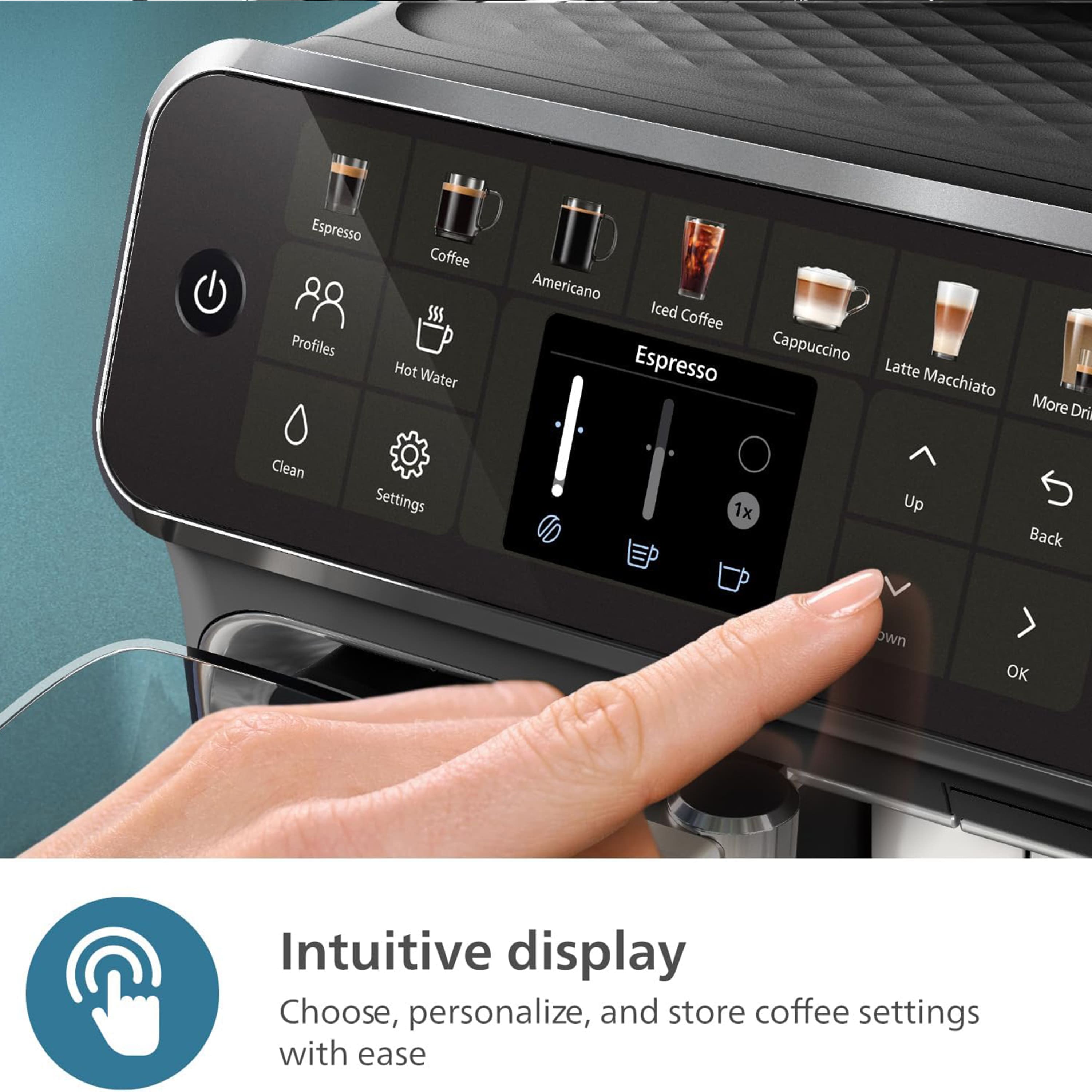 Espresso, Profiles, Coffee, Hot Water, Americano, Iced Coffee, Espresso, Cappuccino, Latte Macchiato, More Dri, Clean, Settings, 1x, Up, Back, own, OK, Intuitive display, Choose, personalize, and store coffee settings with ease