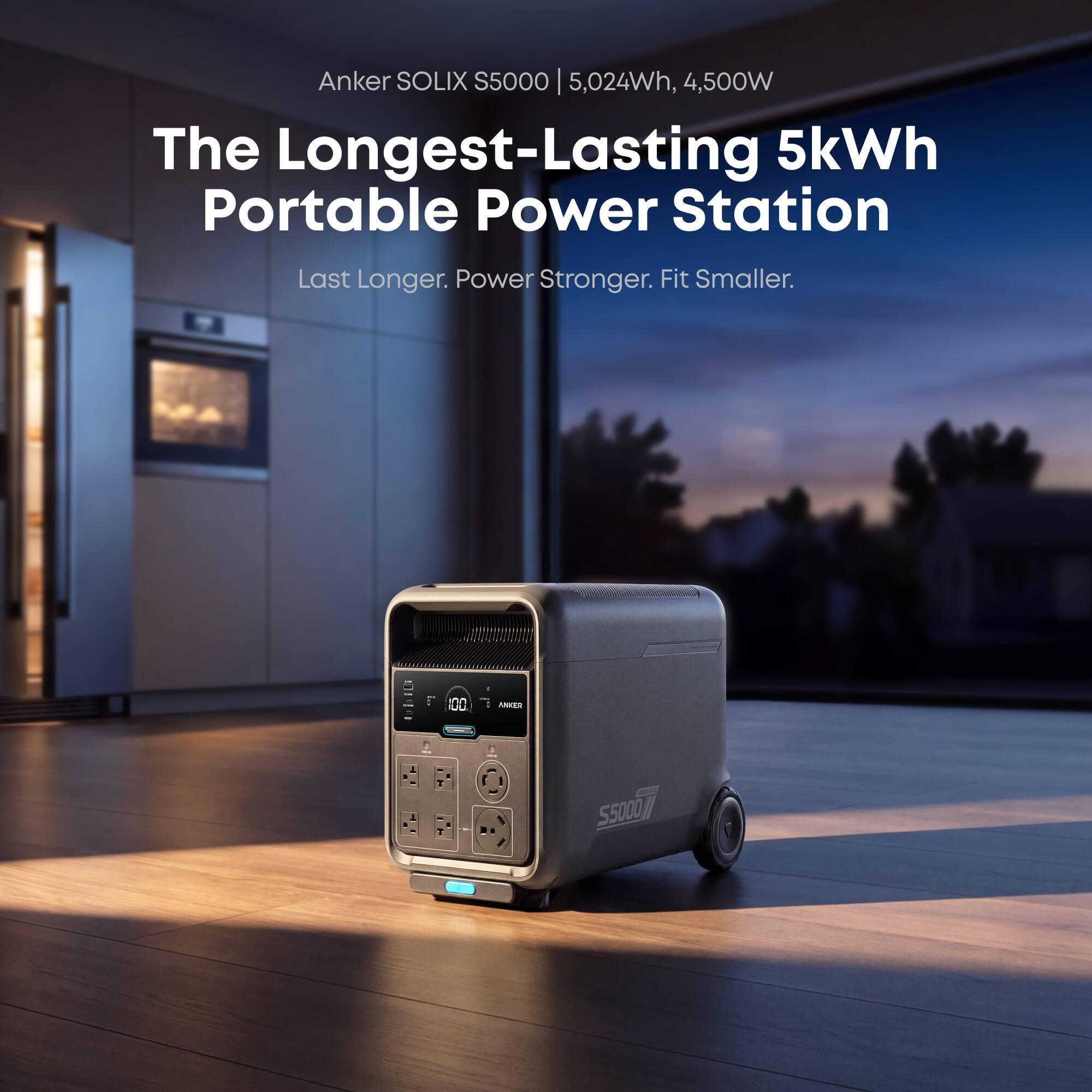 Anker SOLIX S5000 | 5,024Wh, 4,500W  
The Longest-Lasting 5kWh Portable Power Station  
Last Longer. Power Stronger. Fit Smaller.
