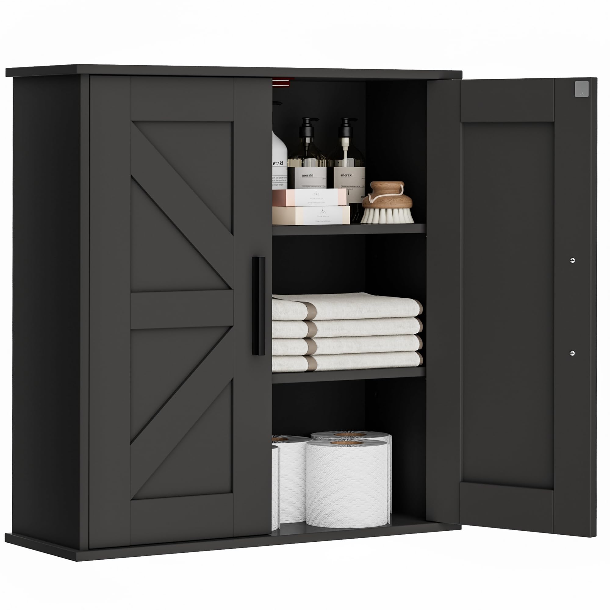 Front. Hirose Alice - Wall Cabinet Over Toilet Storage With Barn Doors And Shelves 3-tier Mounted For Laundry Room ( D) Ample - Black-7.9"D x 21.7"W x 23.6"H.