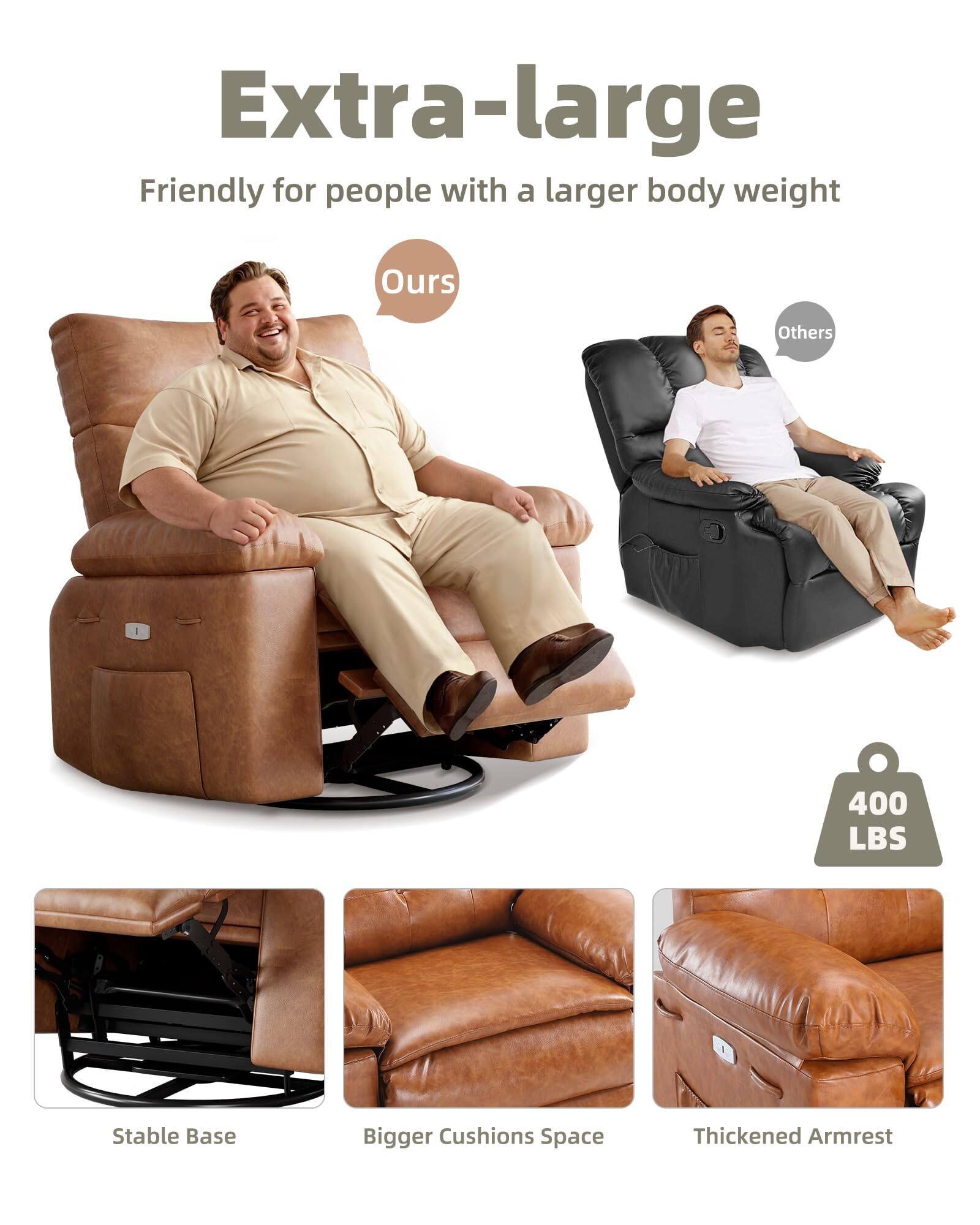 Extra-large  
Friendly for people with a larger body weight  

Ours  
Others  

400 LBS  

Stable Base  
Bigger Cushions Space  
Thickened Armrest