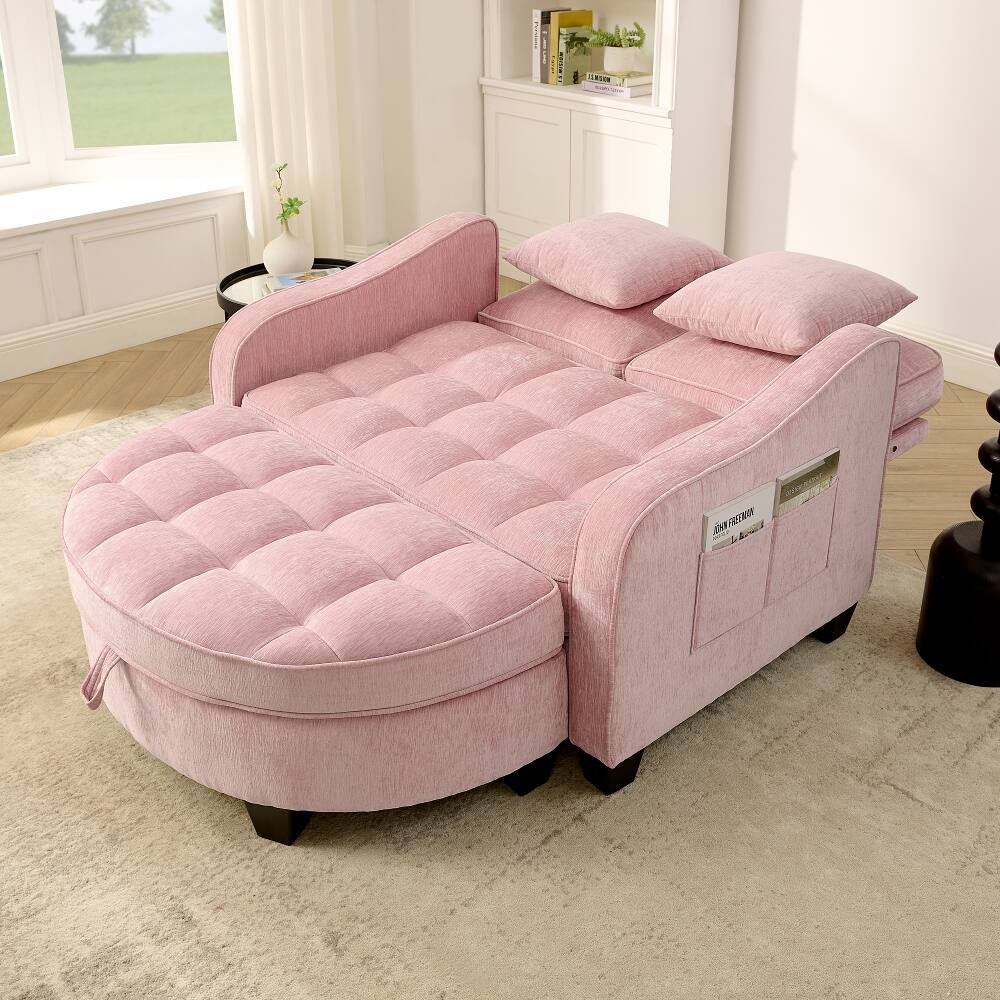 Angle. Loheer - Loheer Pink Two-Seater Sofa Corduroy Double Sofa Chaise Longue with Storage Footrest and Throw Pillows - Pink.