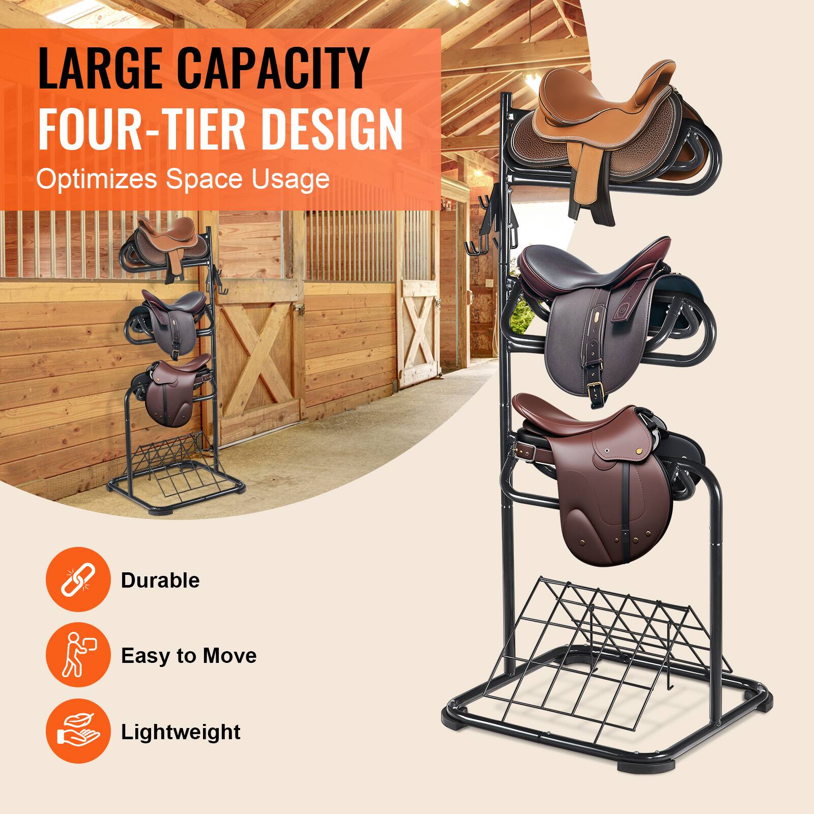 LARGE CAPACITY FOUR-TIER DESIGN  
Optimizes Space Usage  

- Durable  
- Easy to Move  
- Lightweight