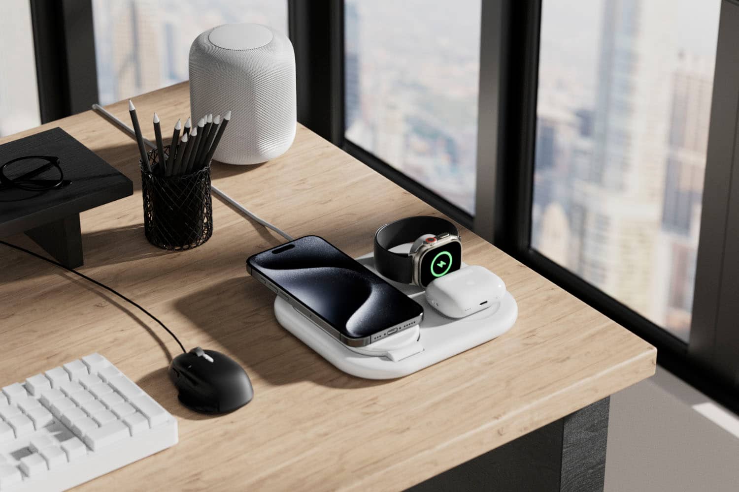 Alt View 12. Belkin - 3-in-1 15W, Foldable Magnetic Qi2 Charging Station for iPhone 17, Apple Watch, AirPods, and More, w/Non-Slip Base & PSU - White.