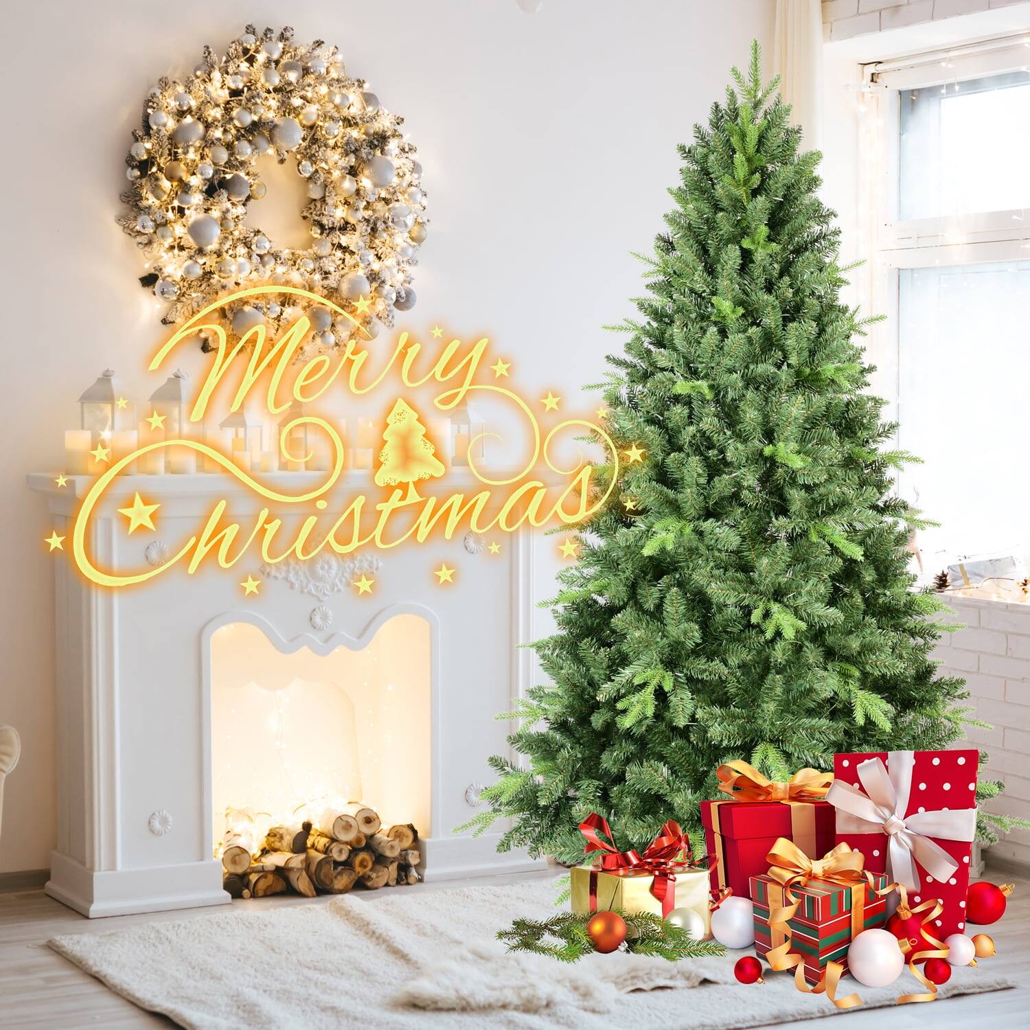 Alt View 1. Pefilos - 7.5ft Artificial Christmas Tree with 2155 PVC Branches, Hinged Foldable Base for Indoor Decorating, Durable Metal Wires - Green.