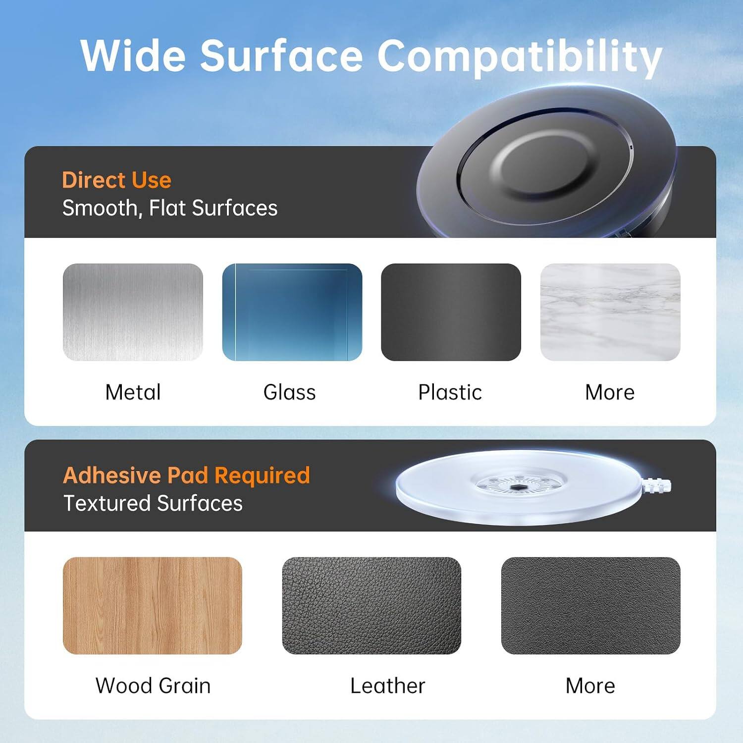 Wide Surface Compatibility

Direct Use
Smooth, Flat Surfaces
Metal
Glass
Plastic
More

Adhesive Pad Required
Textured Surfaces
Wood Grain
Leather
More