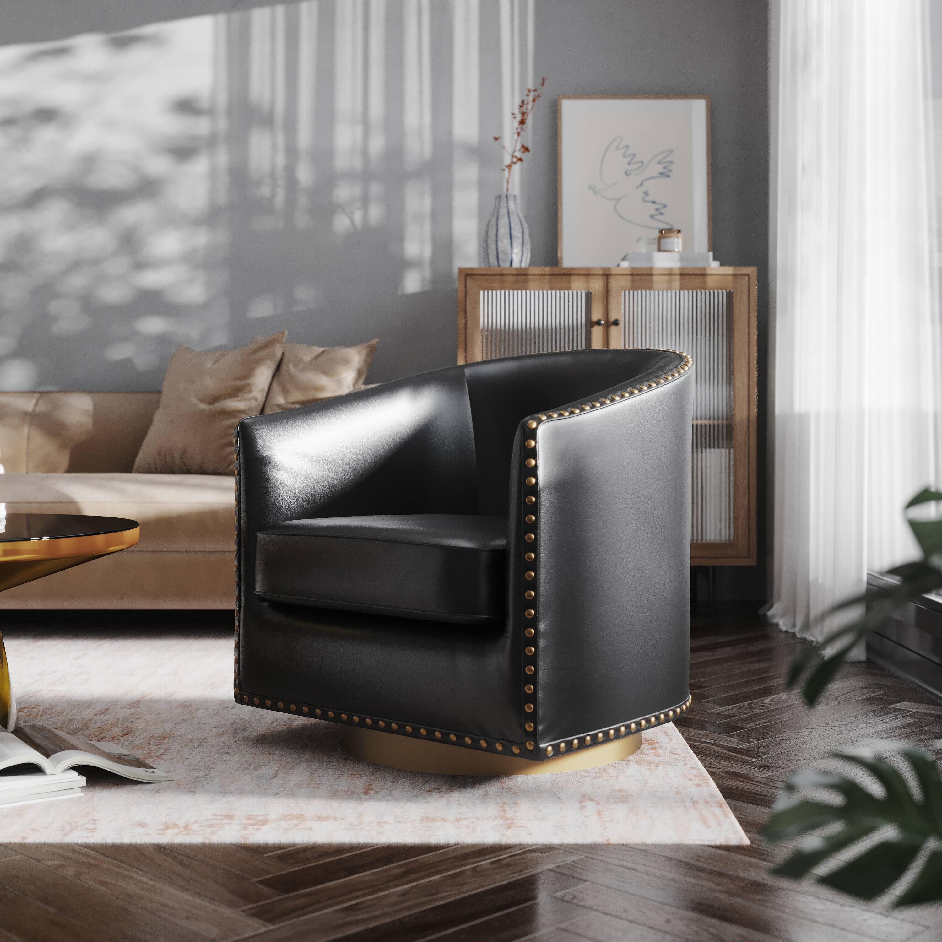 Alt View 3. Emma + Oliver - Cole Upholstered Club Style Barrel Accent Chair with 360° Swivel Vinyl Wrapped Base and Decorative Nail Head Trim - Black.