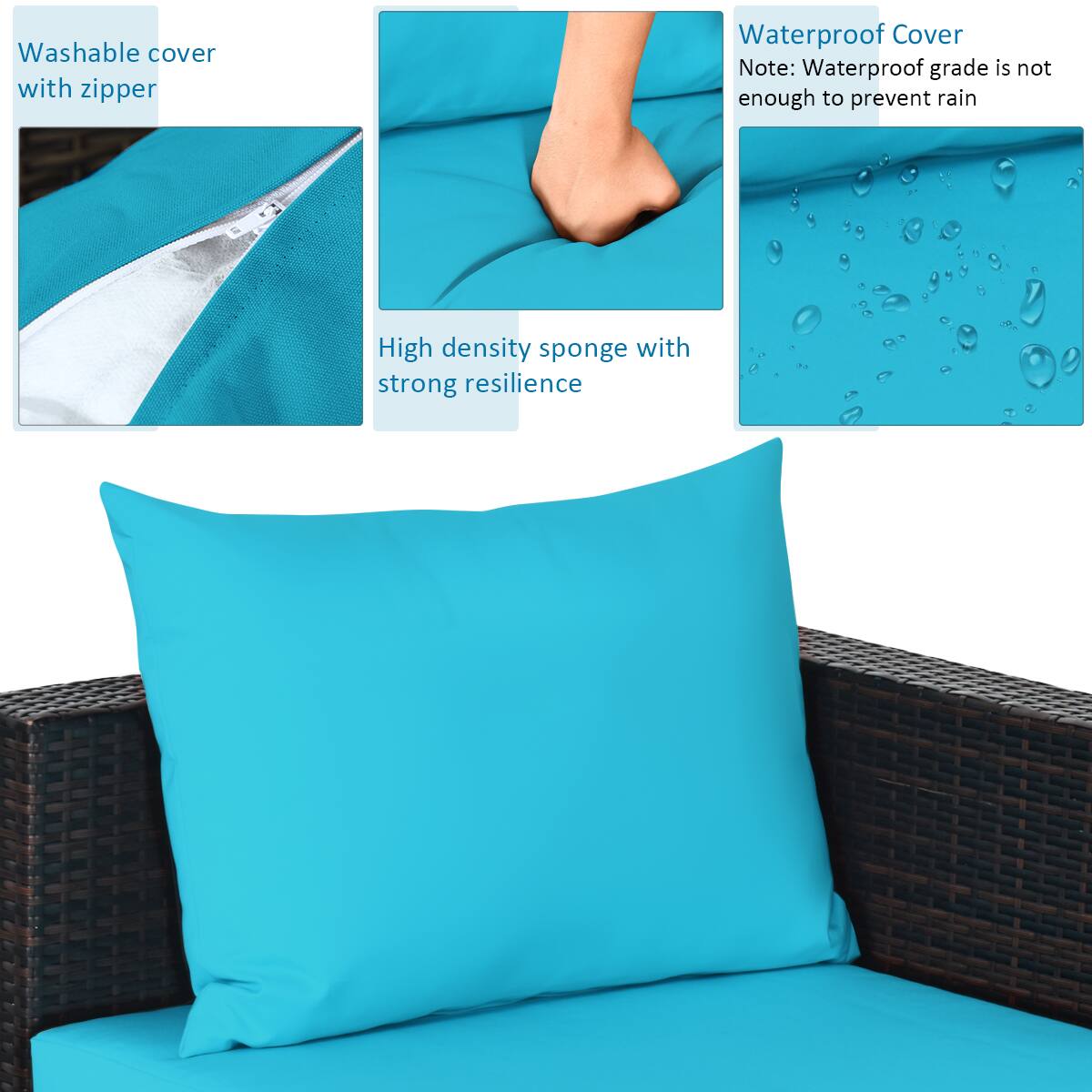 - Washable cover with zipper
- High density sponge with strong resilience
- Waterproof Cover
  Note: Waterproof grade is not enough to prevent rain