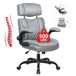 Brick Attic - Ergonomic Leather Executive Office Chair, Swivel Computer Rocking Desk Chair with Flip-Up Armrests Adjustable Headrest - Gray