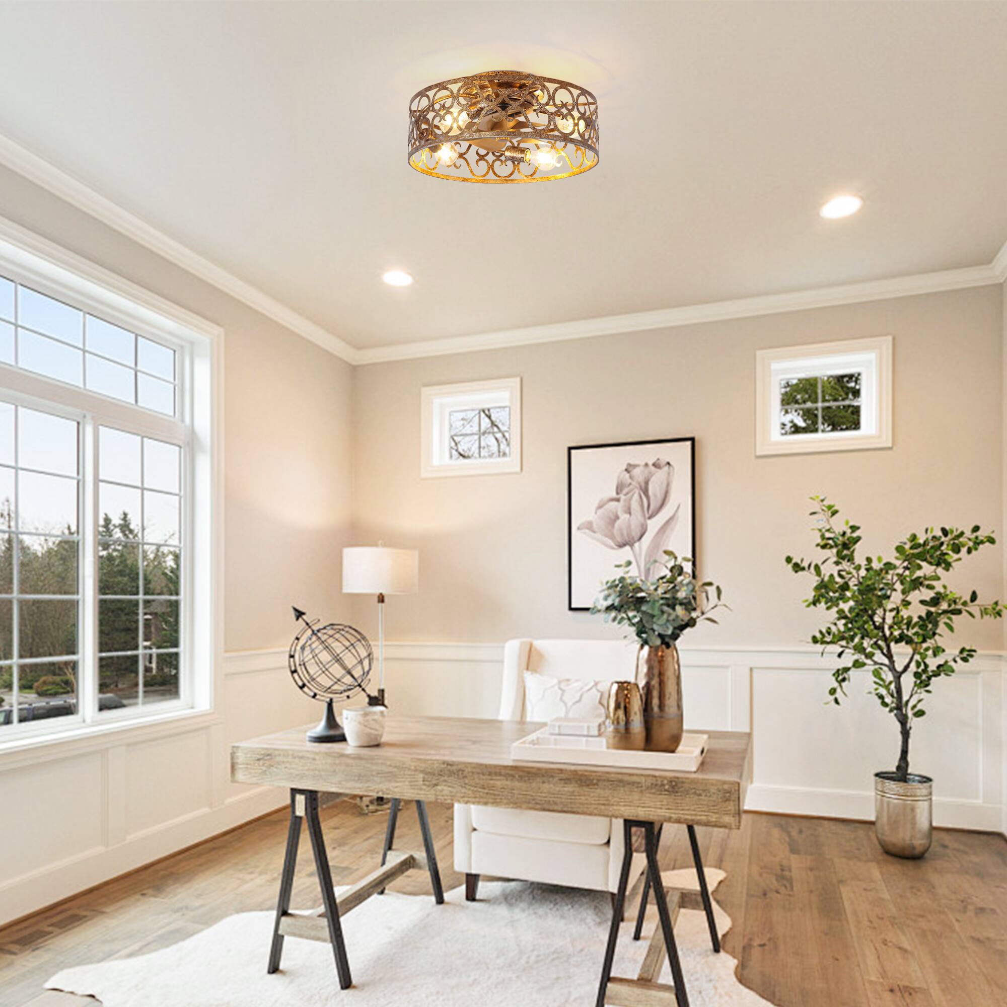 Angle. Parrot Uncle - 18" Metal Caged Smart Ceiling Fan with Light and Remote and App Control - Rustic Gold.