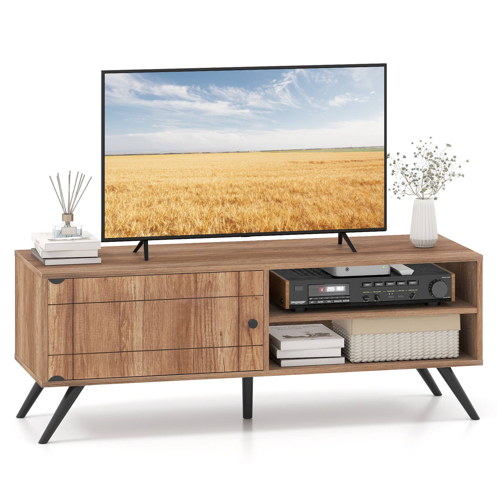 Front. Gymax - Gymax TV Stand for TVs up to 55'' Mid Century Entertainment Center w/ Storage Cabinet - Brown.