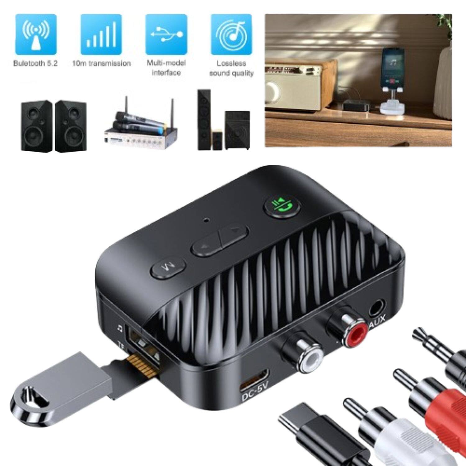 Bluetooth 5.2  
10m transmission  
Multi-model interface  
Lossless sound quality  
14W  
AUX  
DC-5V