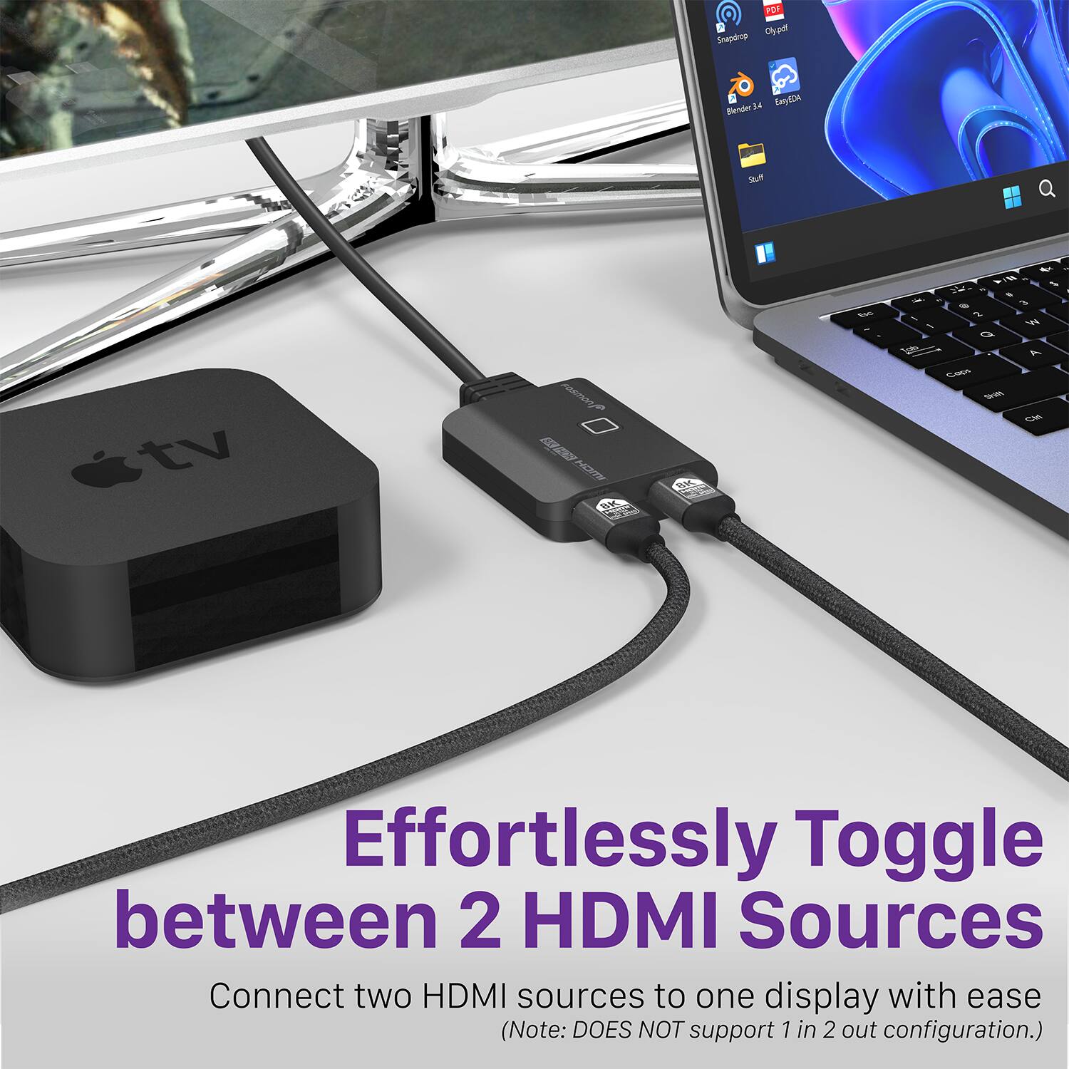 Effortlessly Toggle between 2 HDMI Sources
Connect two HDMI sources to one display with ease (Note: DOES NOT support 1 in 2 out configuration.)