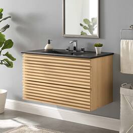 Modway - Render Wall-Mount Bathroom Vanity with Black Basin Included - Oak Black
