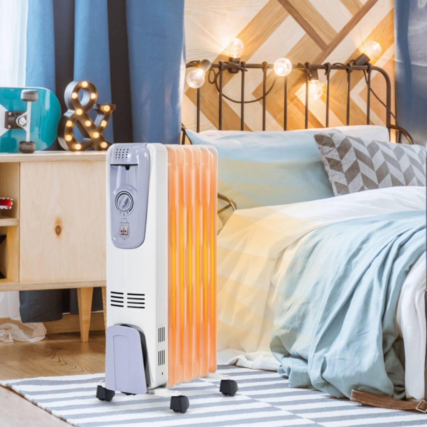 Front. LUCKY ONE - 1500W Oil Filled Radiator with Thermostat & 4 Wheels - Silent Space Heater for Home Office - White.