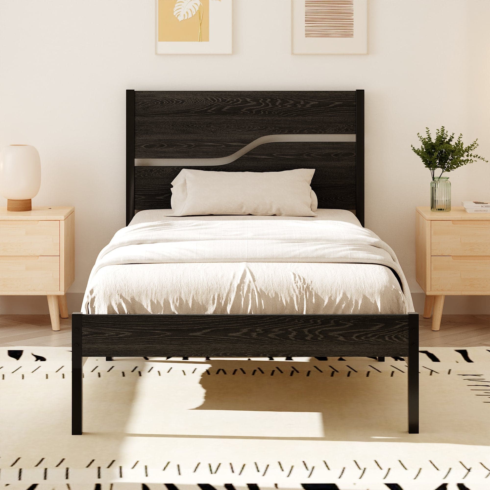 Vecelo - Queen Size Bed Frame with Wood Headboard, Heavy Duty Metal Platform with Storage, Noise-Free, No Box Spring Needed - Black