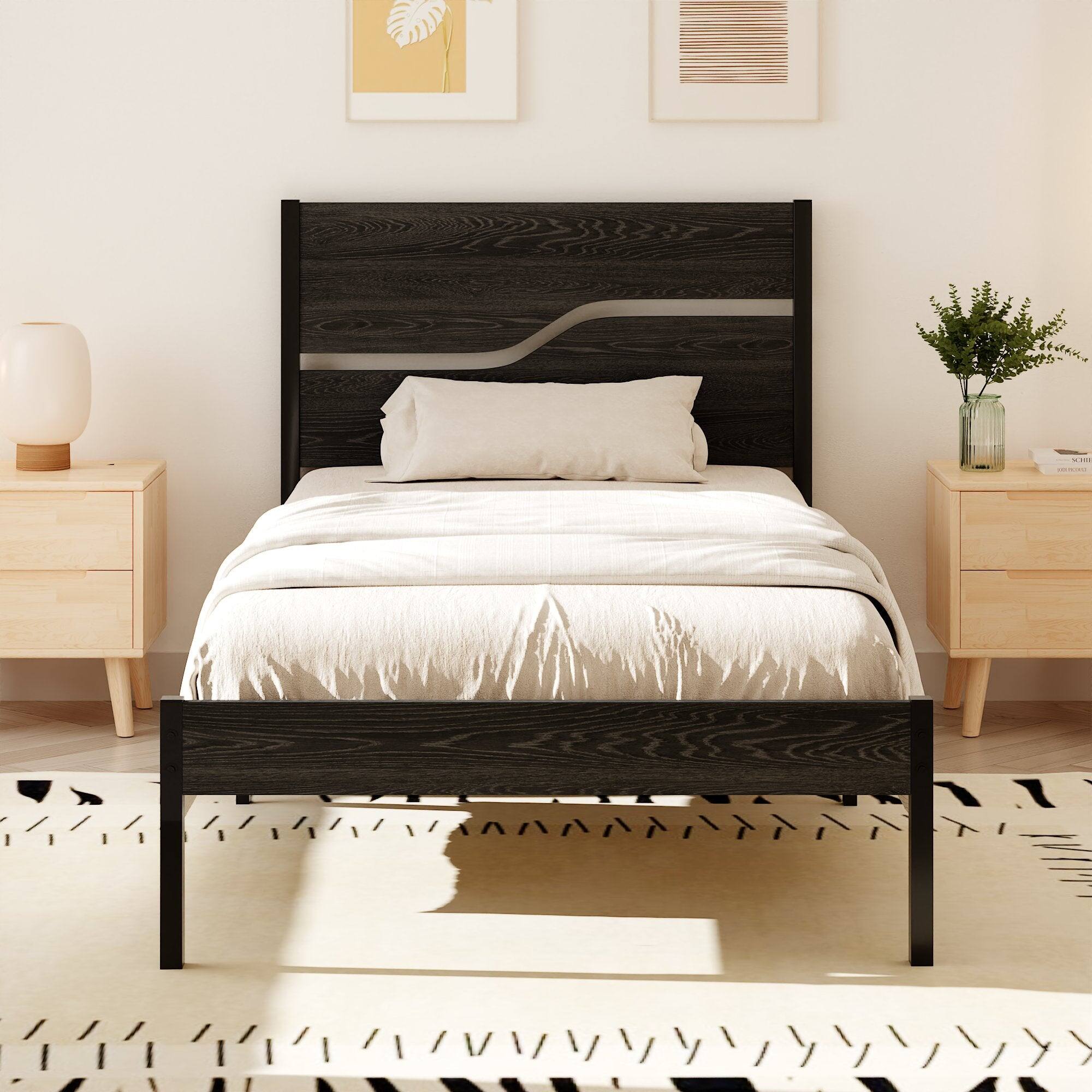 Vecelo - Queen Size Bed Frame with Wood Headboard, Heavy Duty Metal Platform with Storage, Noise-Free, No Box Spring Needed - Black