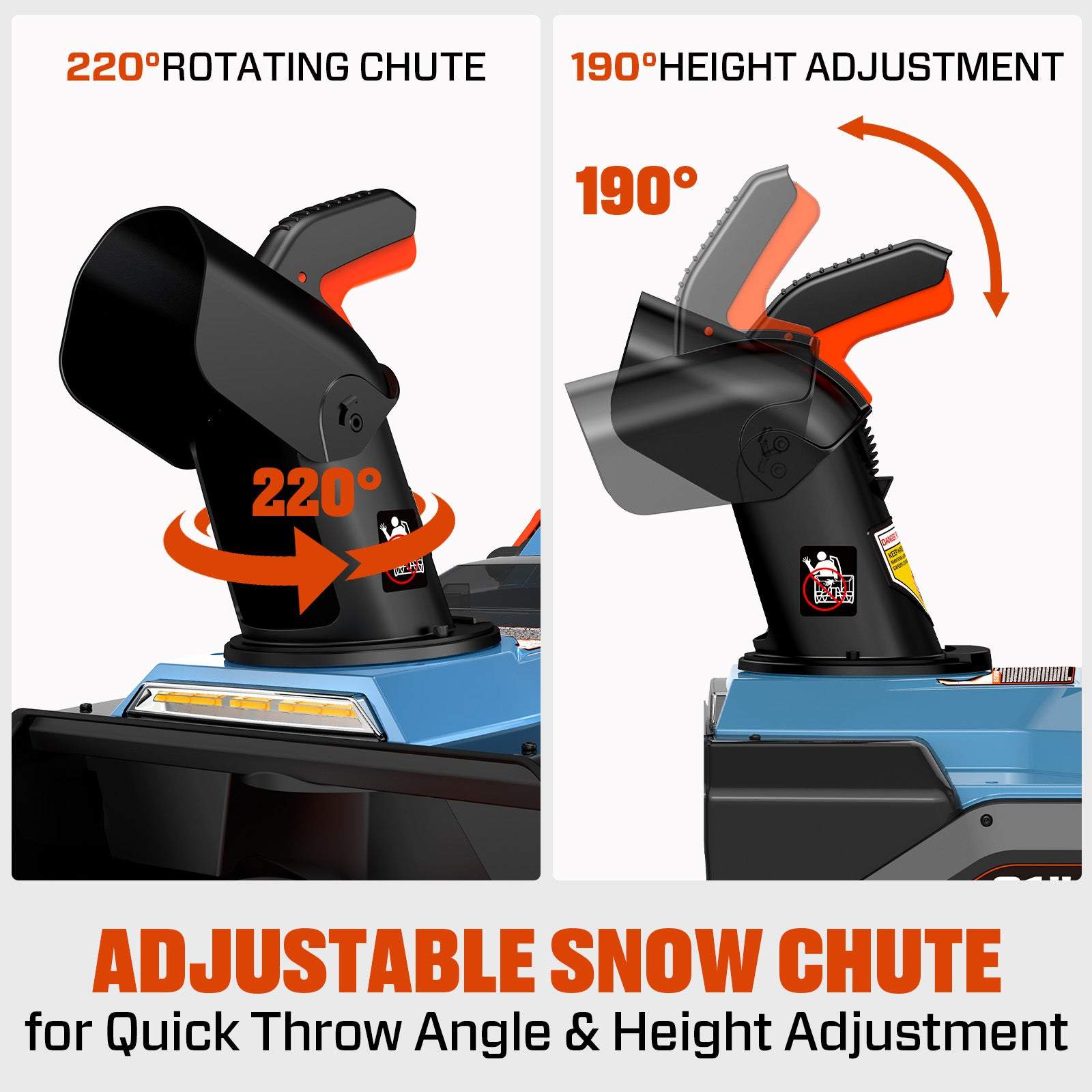 220° ROTATING CHUTE

190° HEIGHT ADJUSTMENT

ADJUSTABLE SNOW CHUTE for Quick Throw Angle & Height Adjustment