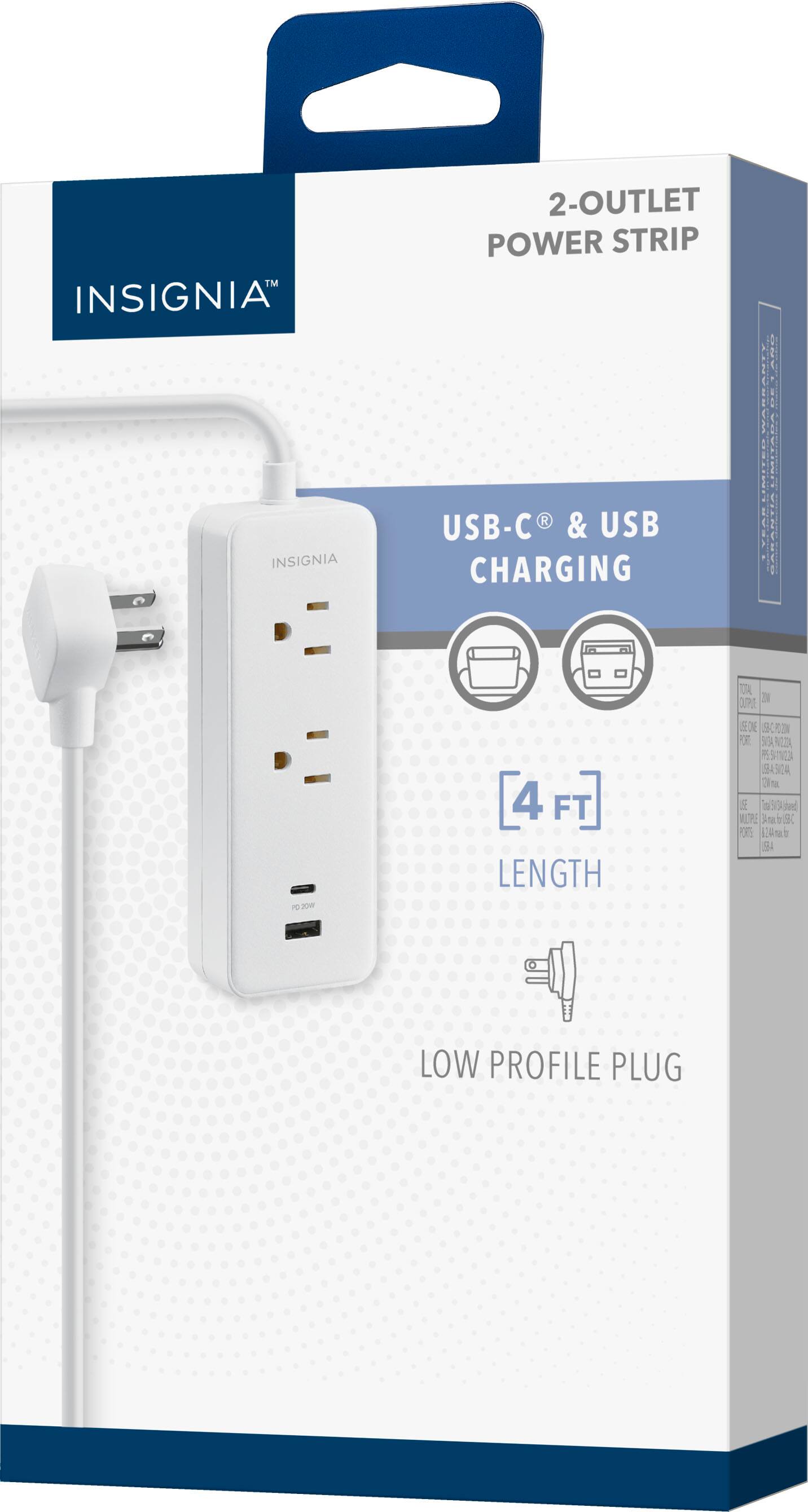 INSIGNIA 2-OUTLET POWER STRIP  
USB-C & USB CHARGING  
4 FT LENGTH  
LOW PROFILE PLUG