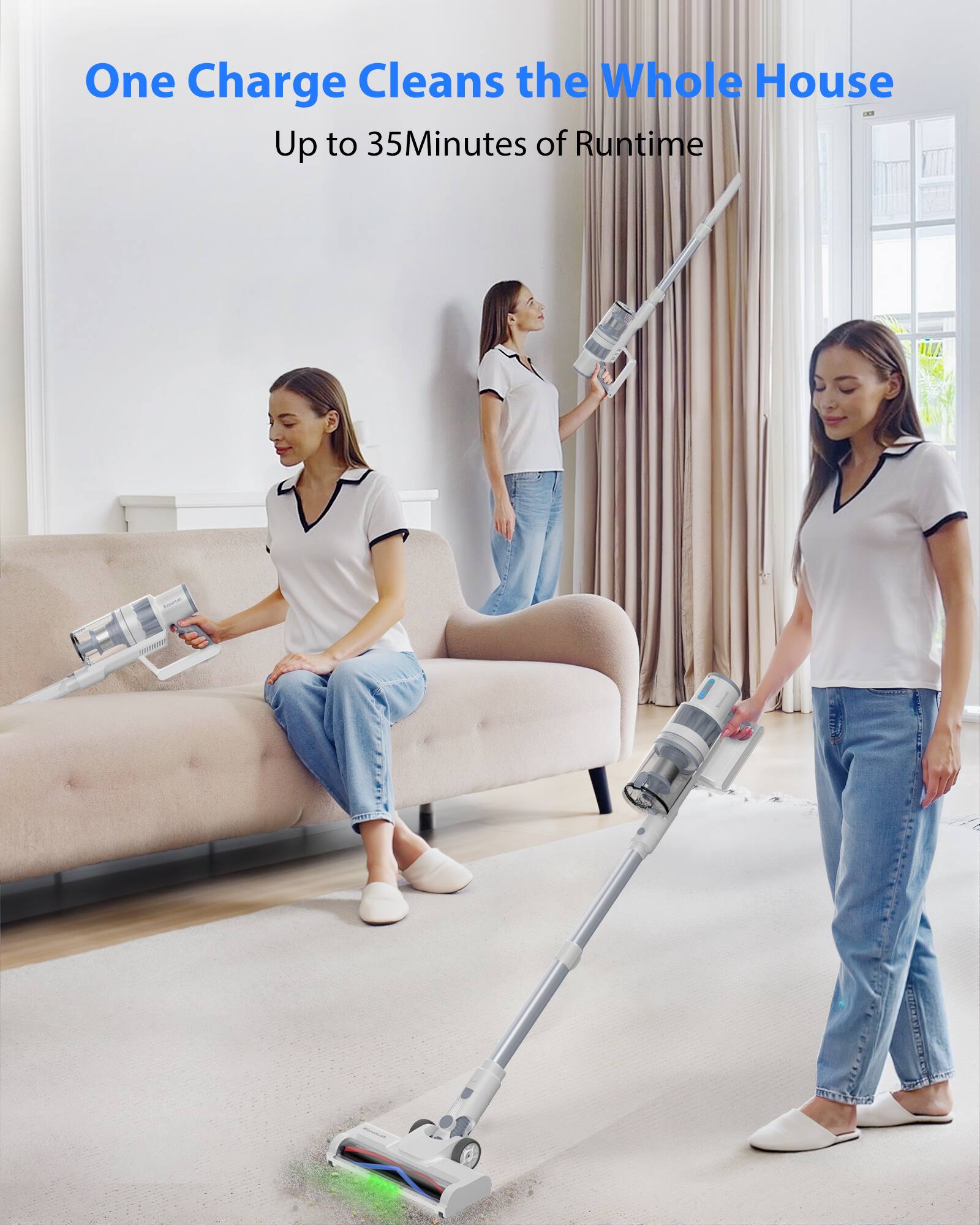 One Charge Cleans the Whole House  
Up to 35 Minutes of Runtime