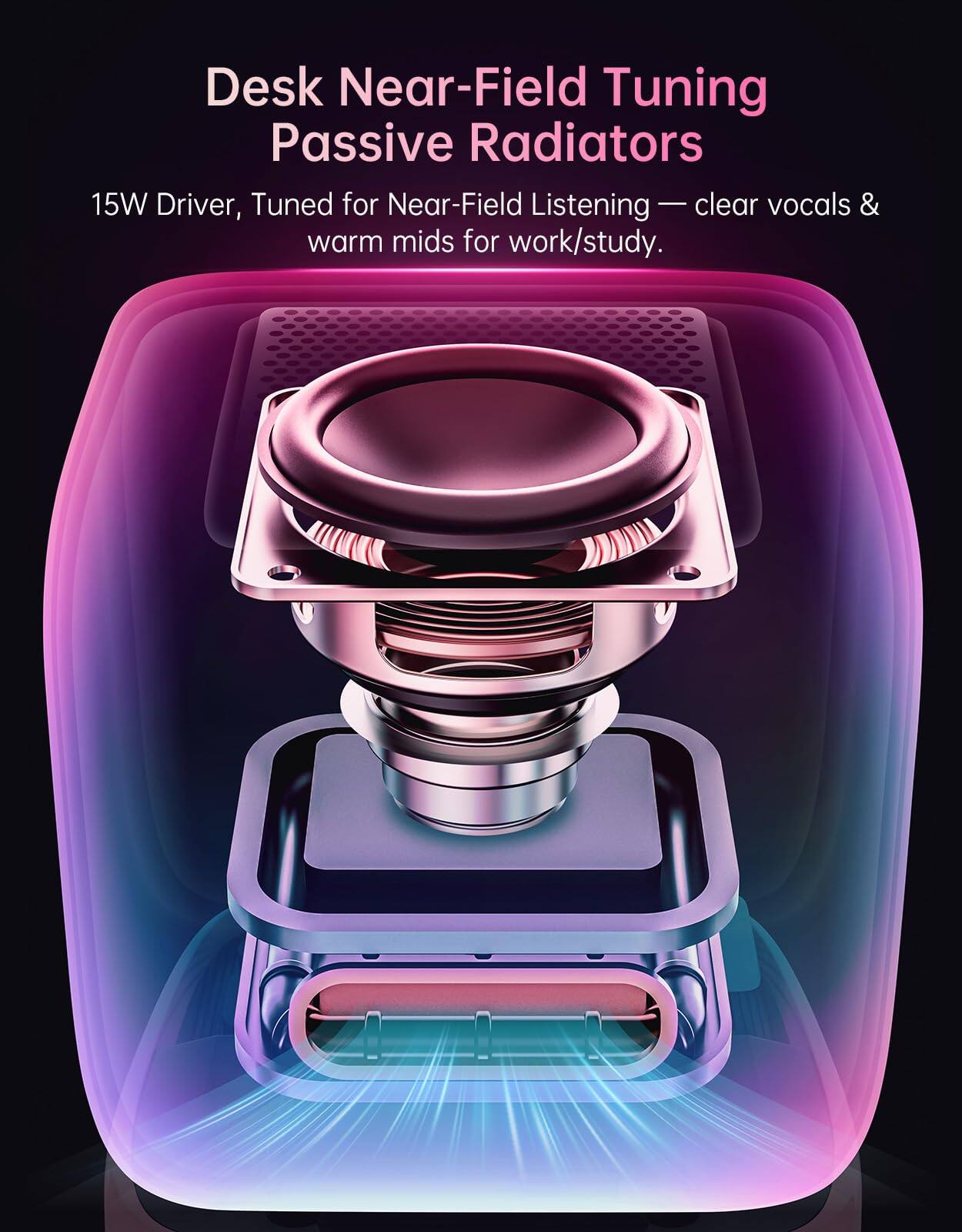 Desk Near-Field Tuning Passive Radiators

15W Driver, Tuned for Near-Field Listening — clear vocals & warm mids for work/study.