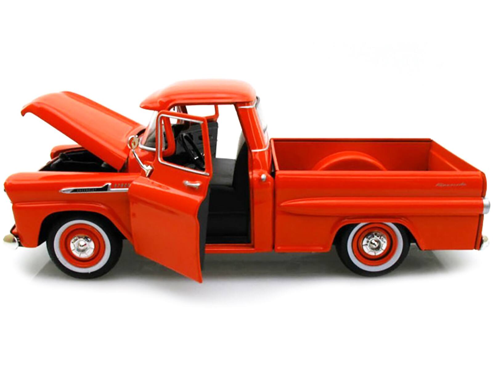 Alt View 2. Motormax - 1958 Chevrolet Apache Fleetside Pickup Truck Orange 1/24 Diecast Model Car by Motormax.