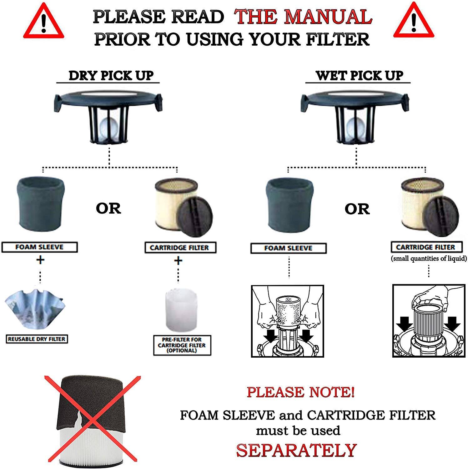PLEASE READ THE MANUAL PRIOR TO USING YOUR FILTER

DRY PICK UP  
OR  
FOAM SLEEVE + CARTRIDGE FILTER  
REUSABLE DRY FILTER  
PRE-FILTER FOR CARTRIDGE FILTER (OPTIONAL)

WET PICK UP  
OR  
FOAM SLEEVE  
CARTRIDGE FILTER (small quantities of liquid)

PLEASE NOTE!  
FOAM SLEEVE and CARTRIDGE FILTER must be used SEPARATELY