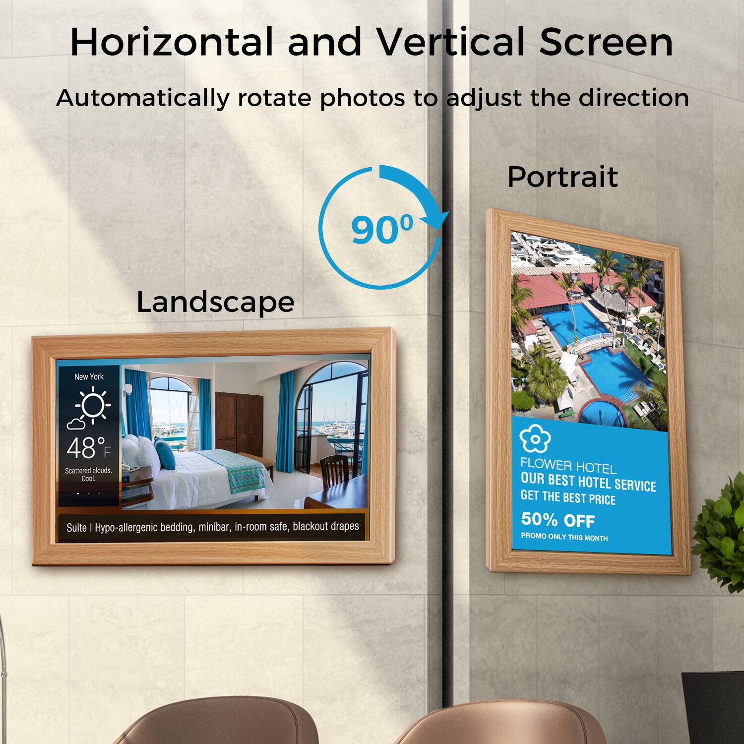 Horizontal and Vertical Screen
Automatically rotate photos to adjust the direction
90
Portrait
Landscape
New York
48 F
Scattered clouds
Cool
Suite I Hypo-allergenic bedding, minibar, in-room safe, blackout drapes
FLOWER HOTEL OUR BEST HOTEL SERVICE GET THE BEST PRICE 50% OFF PROMO ONLY THIS MONTH