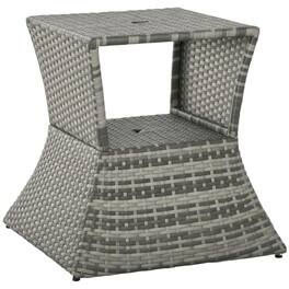 PULUZ - Outdoor Side Table with Umbrella Hole, 2 Tier Rattan Wicker End Table with Storage Shelf, All Weather - Gray