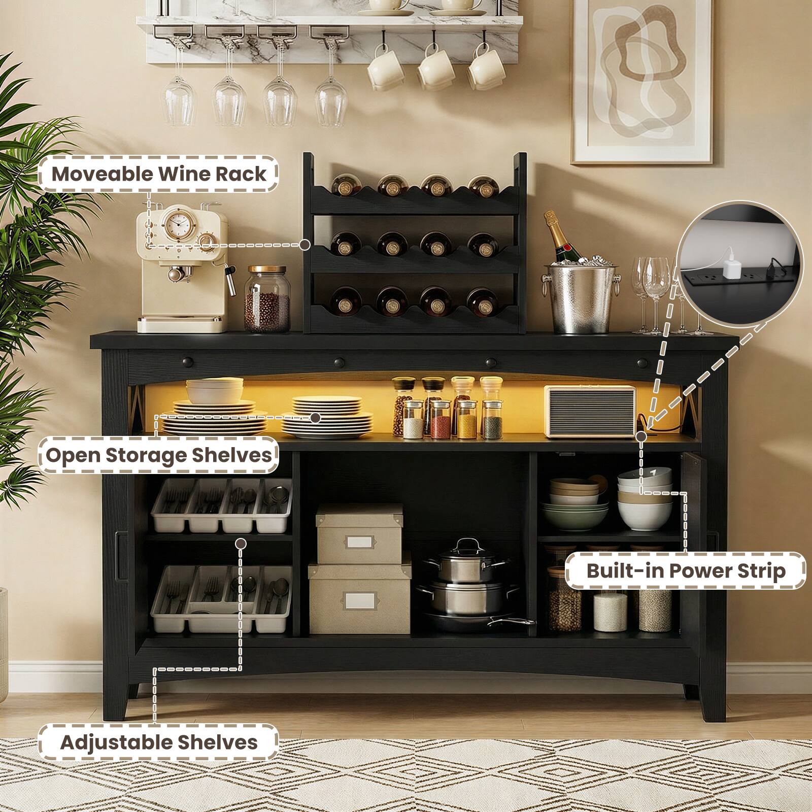 Moveable Wine Rack  
Open Storage Shelves  
Built-in Power Strip  
Adjustable Shelves