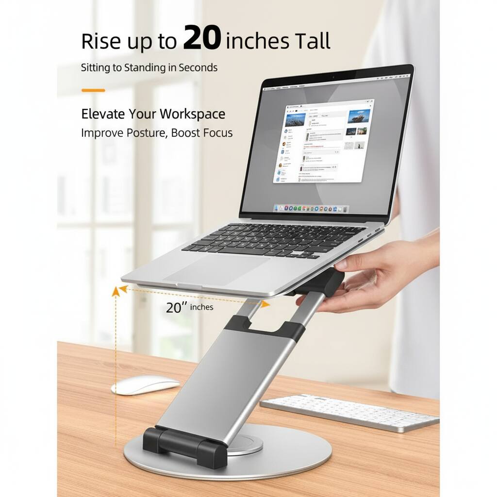 Rise up to 20 inches Tall  
Sitting to Standing in Seconds  
Elevate Your Workspace  
Improve Posture, Boost Focus  

20" inches