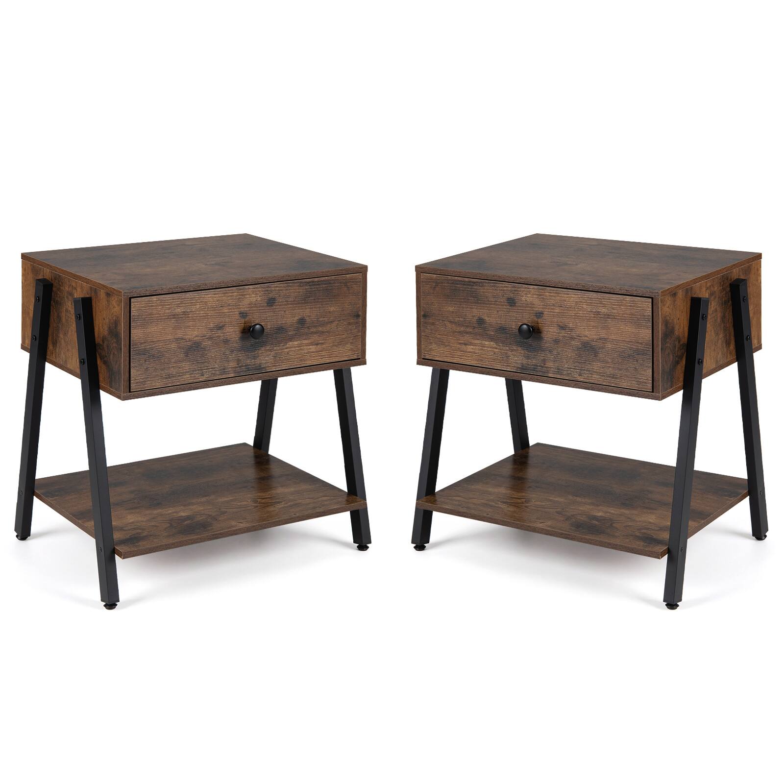 Alt View 9. Gymax - Gymax 2PCS Industrial Nightstand w/ Drawer Open Storage Shelf Adjustable Foot Pads - Brown.