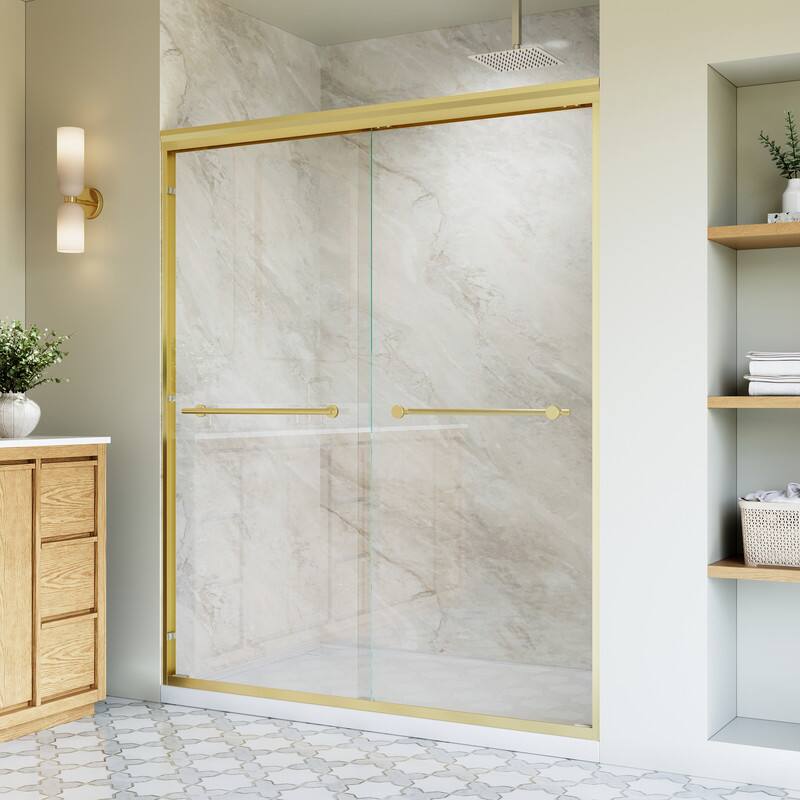 Angle. WELLFOR - 56-60 in. W x 72 in. H Framed Sliding Shower Door with 1/4 in. Clear Tempered Safety Glass,Reversible - Brushed Gold.