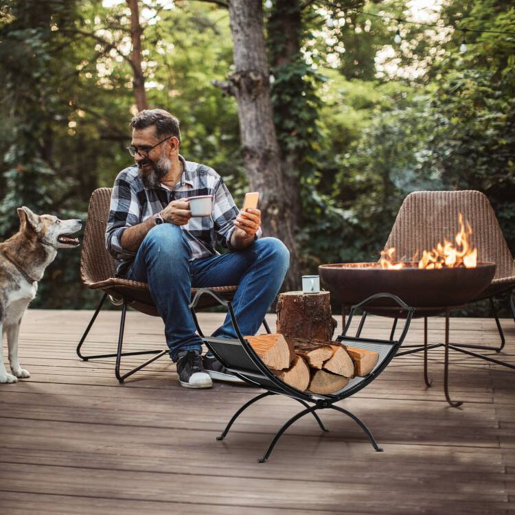 Back. Mondawe - 19 Inch Folding Fireplace Log Rack with Convenient Handle - Black.