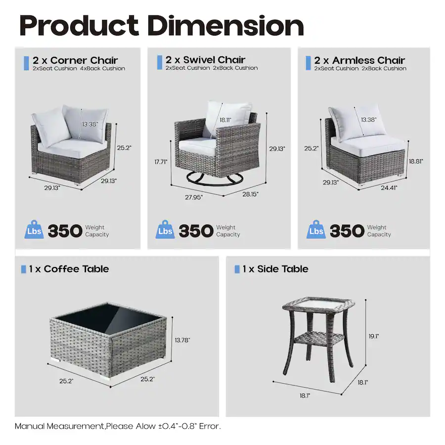 Color Integer Table Ovios 8 PCS Patio Furniture Set Outdoor Sectional Sofa with Swivel ...