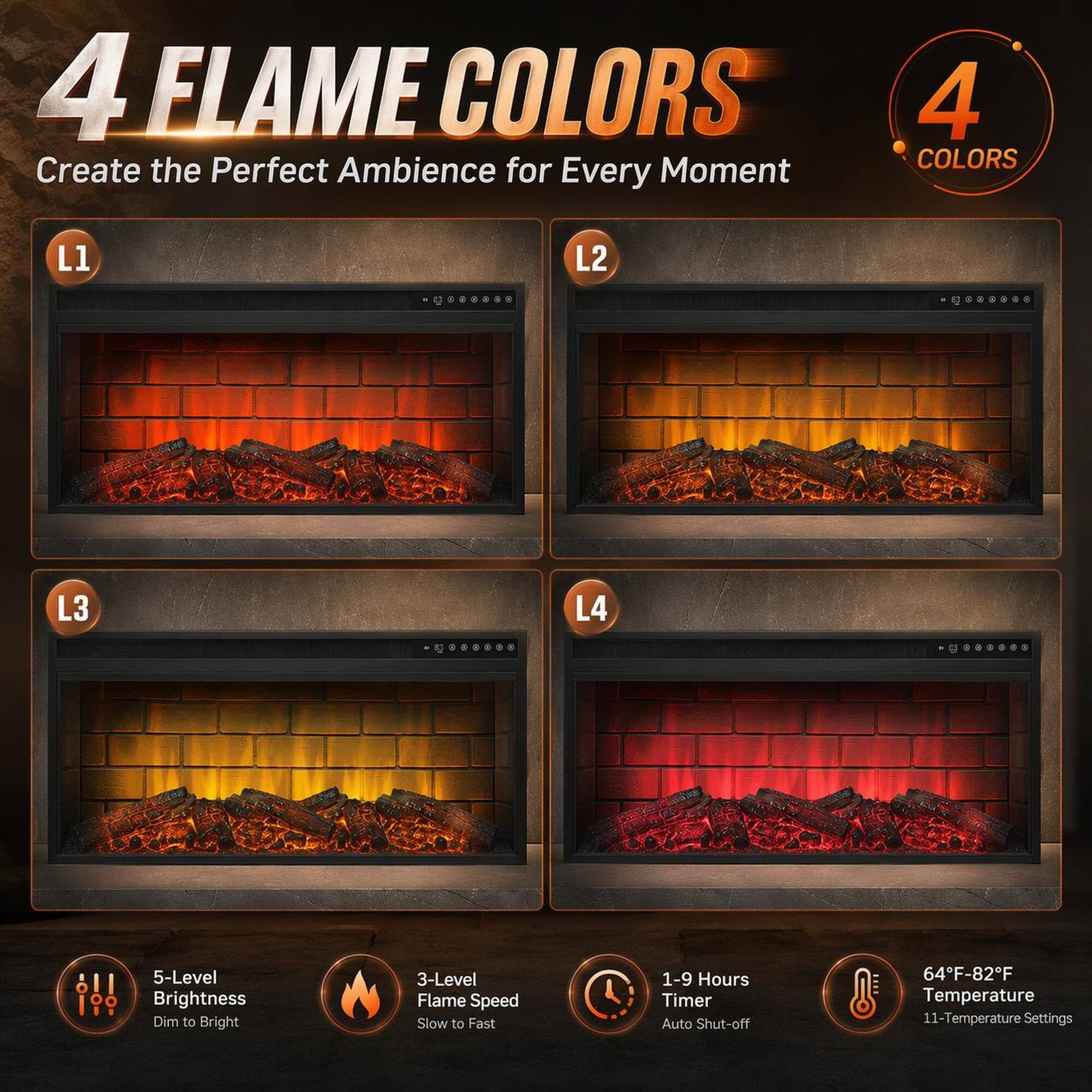 4 FLAME COLORS  
Create the Perfect Ambience for Every Moment  

L1 L2 L3 L4  

5-Level Brightness  
Dim to Bright  

3-Level Flame Speed  
Slow to Fast  

1-9 Hours Timer  
Auto Shut-off  

64°F-82°F Temperature  
11 Temperature Settings