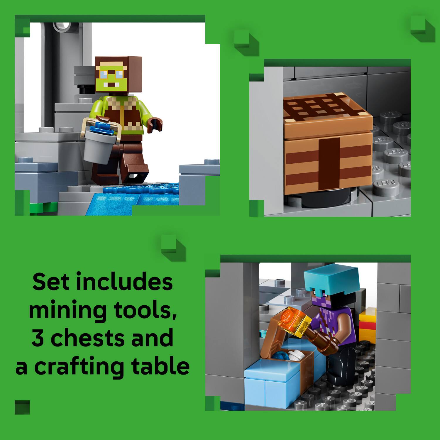 Set includes mining tools, 3 chests and a crafting table
