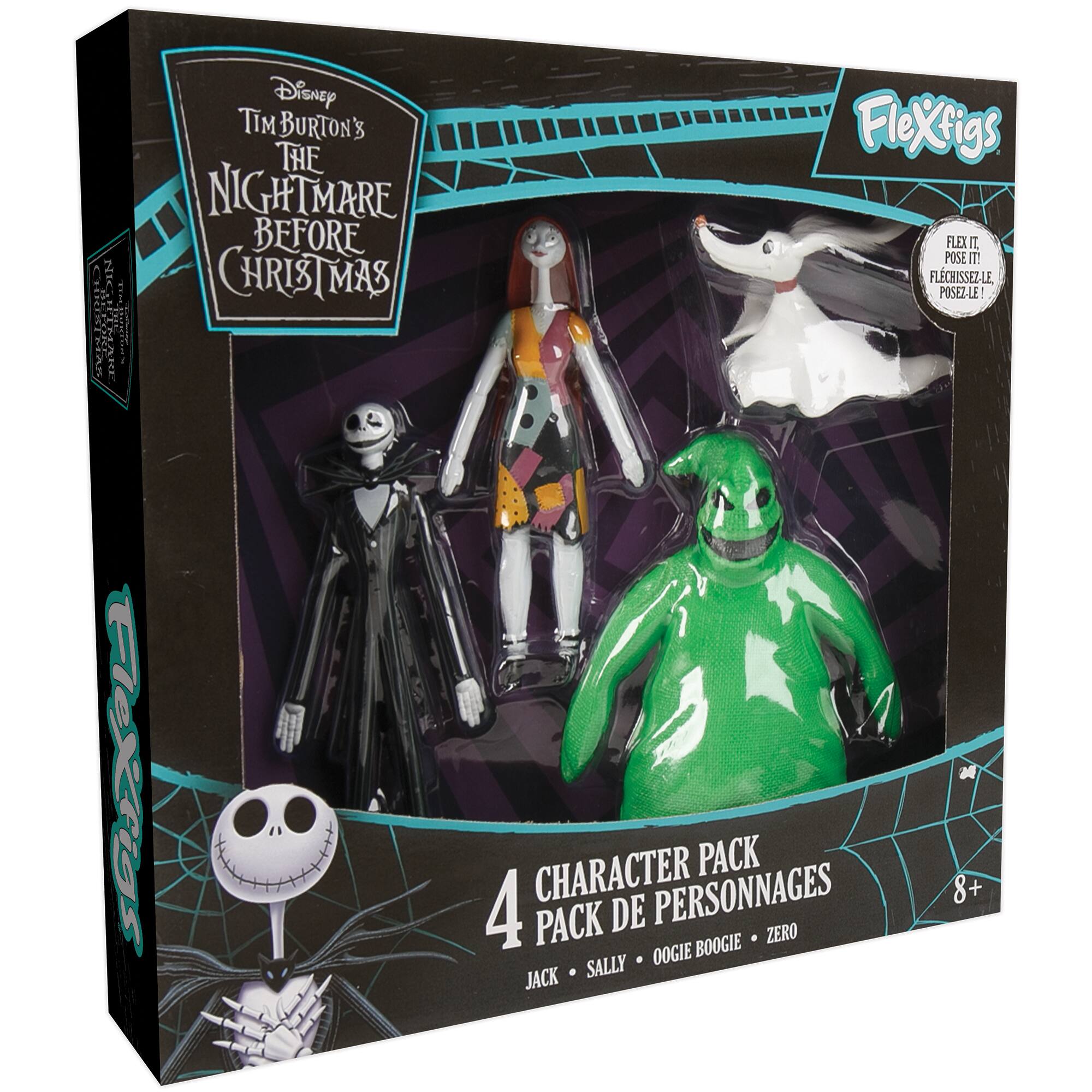 The Nightmare Before Christmas Character Pack from Disney Tim Burton's The Nightmare Before Christmas includes four different character figurines: Jack, Sally, Boogie, and Zero. This pack is designed for children aged 8 and up, and it allows them to pose and play with the characters. The pack is part of the Flexi-Toys Flex-It! Pose It! line, which encourages creativity and imagination through the use of poseable figurines.