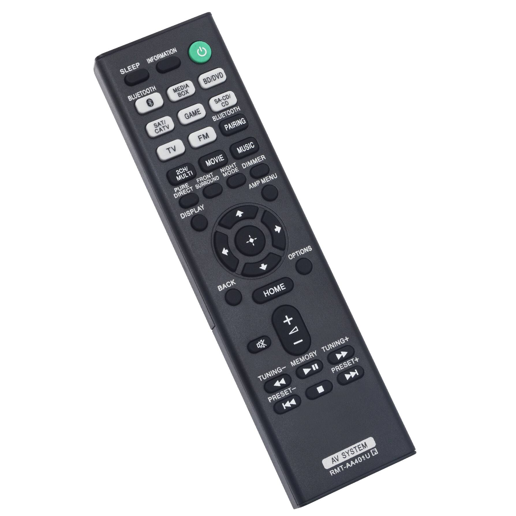 INFORMATION SLEEP BD/DVD BLUETOOTH MEDIA BOX SA-CD/ CO GAME BLUETOOTH SAT/ PAIRING CATV FM TV MUSIC MOVIE DIMMER 2CH/ NIGHT MULTI MENU PURE SURROUND AMP DIRECT DISPLAY OPTIONS BACK HOME - TUNING+ MEMORY PRESET+ TUNING- D PRESET- VA SYSTEM R RMT-AA401U