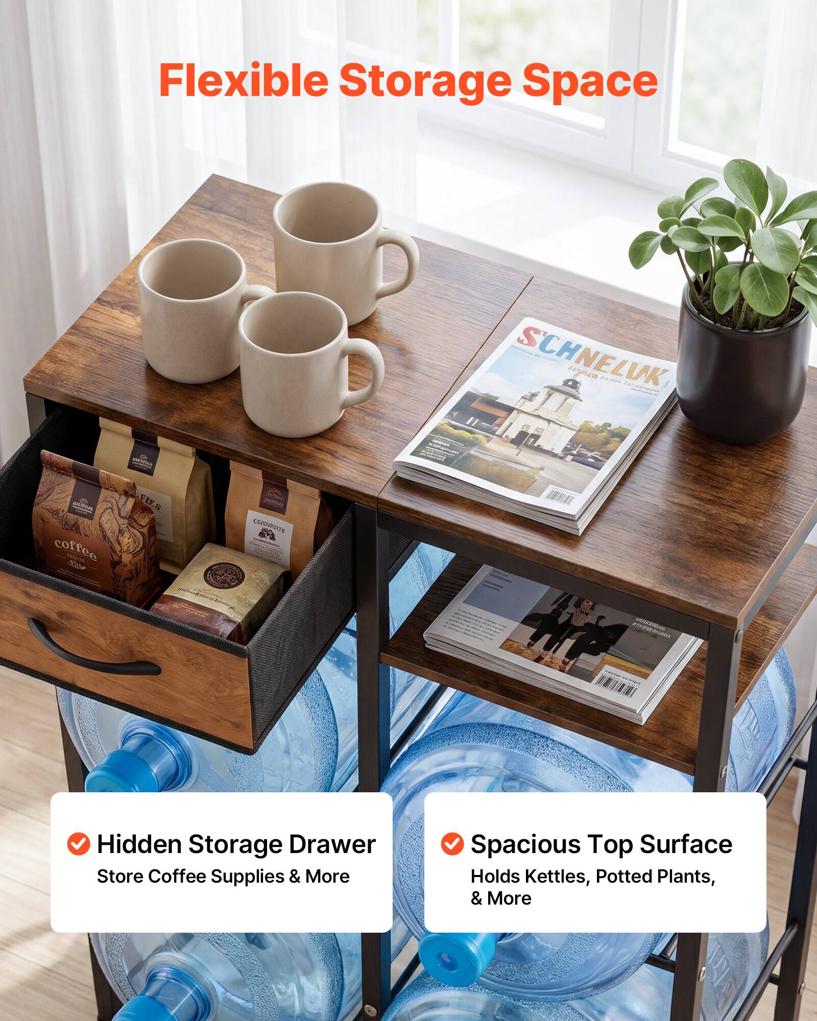Flexible Storage Space

- Hidden Storage Drawer: Store Coffee Supplies & More
- Spacious Top Surface: Holds Kettles, Potted Plants, & More