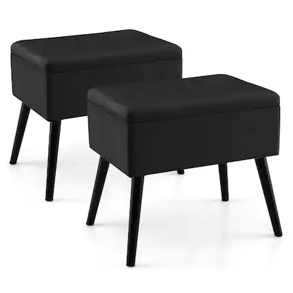 Front. Costway - Costway 2 PCS Velvet Vanity Stools with Storage Solid Wood Legs Flip-Up Top for Entryway - Black.
