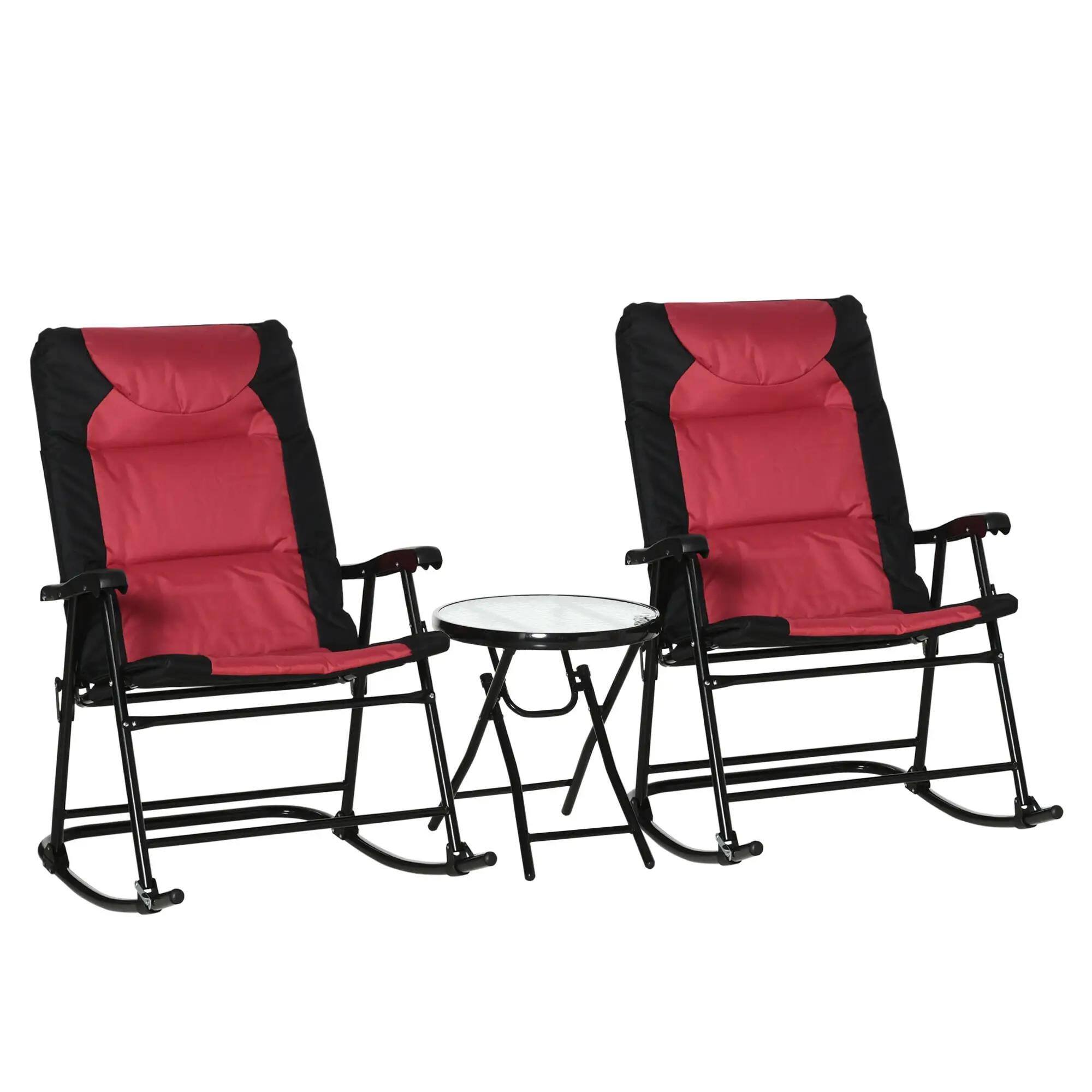 Alt View 7. Resenkos - Resenkos 3-Pc Bistro Style Patio Set, Glass Table & 2 Padded Rocking Chairs, Porch, Camping, Balcony, Red - Red.