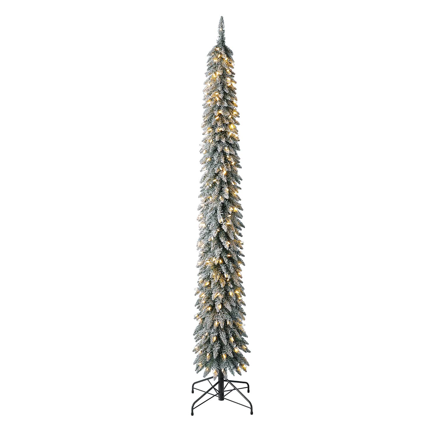 Front. Home Heritage - Home Heritage Albert 7' Flocked Pencil 200 LED Pre-Lit Artificial Christmas Tree - Green.