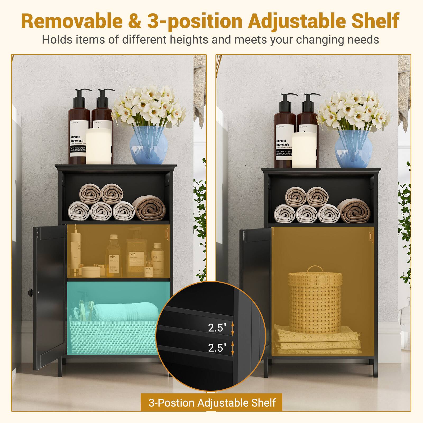 Removable & 3-position Adjustable Shelf  
Holds items of different heights and meets your changing needs  

3-Position Adjustable Shelf  

2.5"  
2.5"
