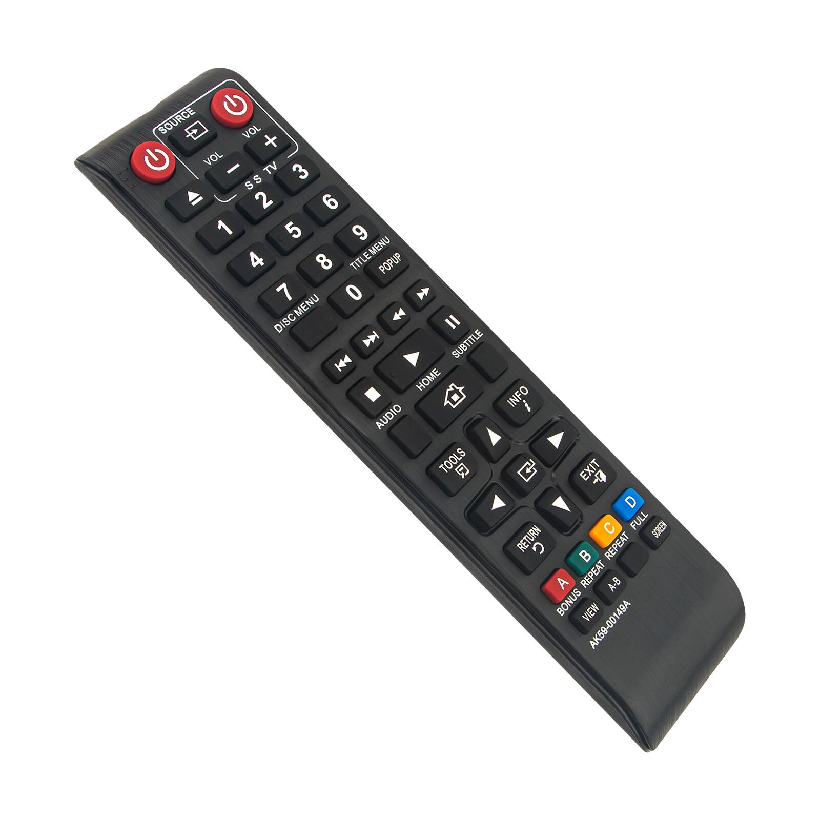 SOURCE G VOL + G VOL - TV 3 S 2 6 1 5 9 4 TITLE MENU 8 POPUP 7 0 DISC MENU Il E SUBTITLE HOME INFO AUDIO TOOLS Q C EXIT D FULL SCREEN RETURN C REPEAT A REPEAT A-B BONUS VIEW AK59-00149A