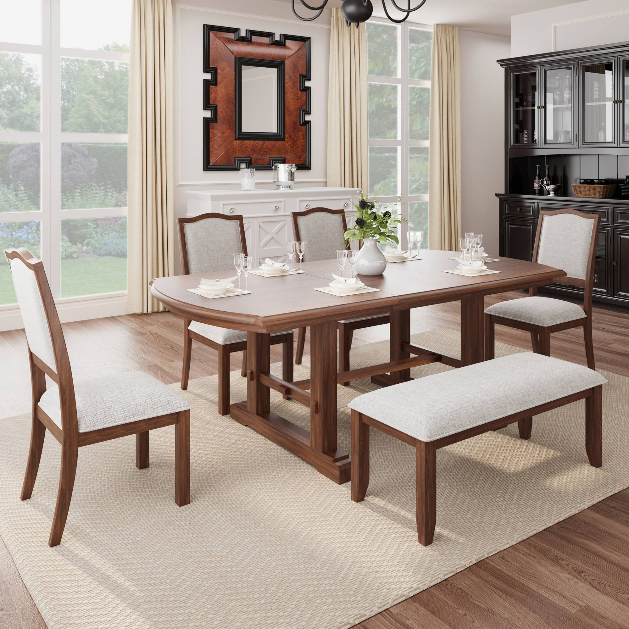 Left. APRILSOUL - 6-Piece Dining Table Set 60inch to 78inch Extendable Table with Removable Leaf 4 Upholstered Side Chair and Bench Cherry - Cherry.