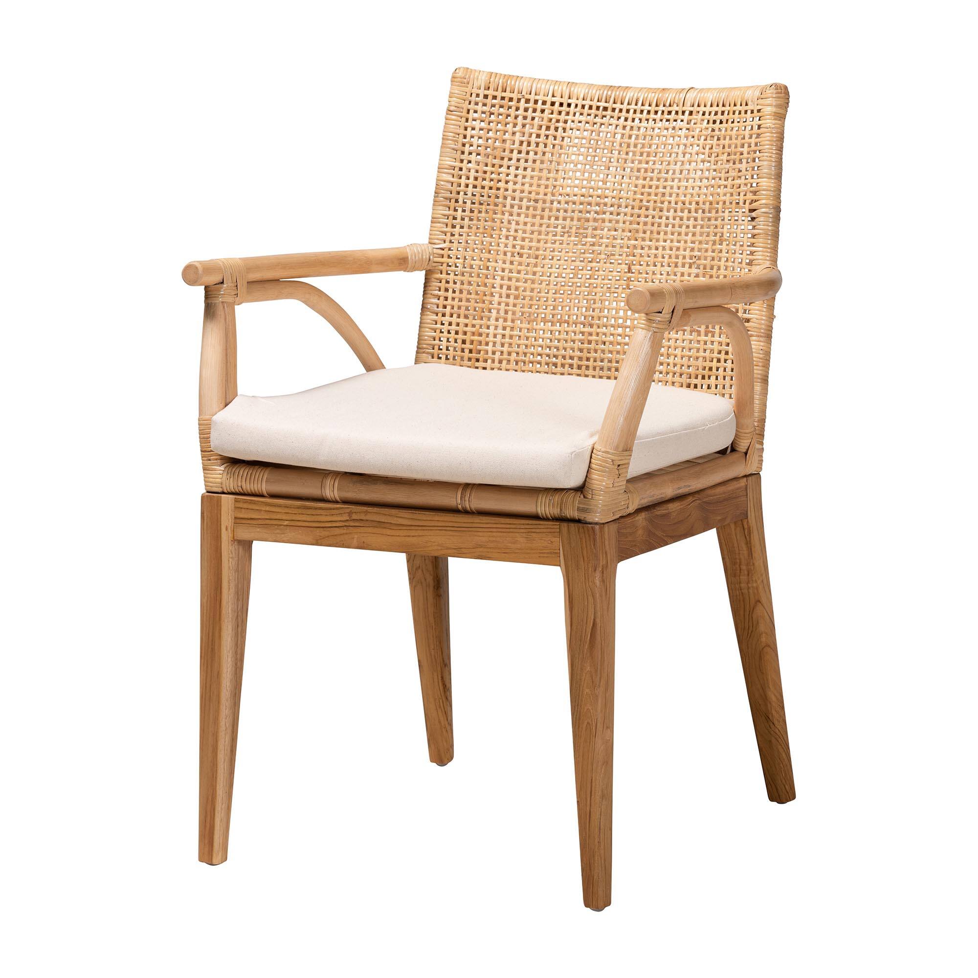 Front. bali & pari - Storsel Modern Bohemian Finished Teak Wood and Rattan Dining Chair - Natural Brown/Cream.