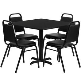 Emma + Oliver - 36" Square Laminate X-Base Table Set with 4 Banquet Chairs - Black Top/Black Vinyl Seat