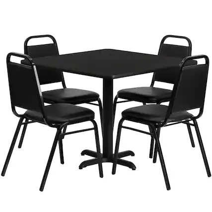 Front. Emma + Oliver - 36" Square Laminate X-Base Table Set with 4 Banquet Chairs - Black Top/Black Vinyl Seat.