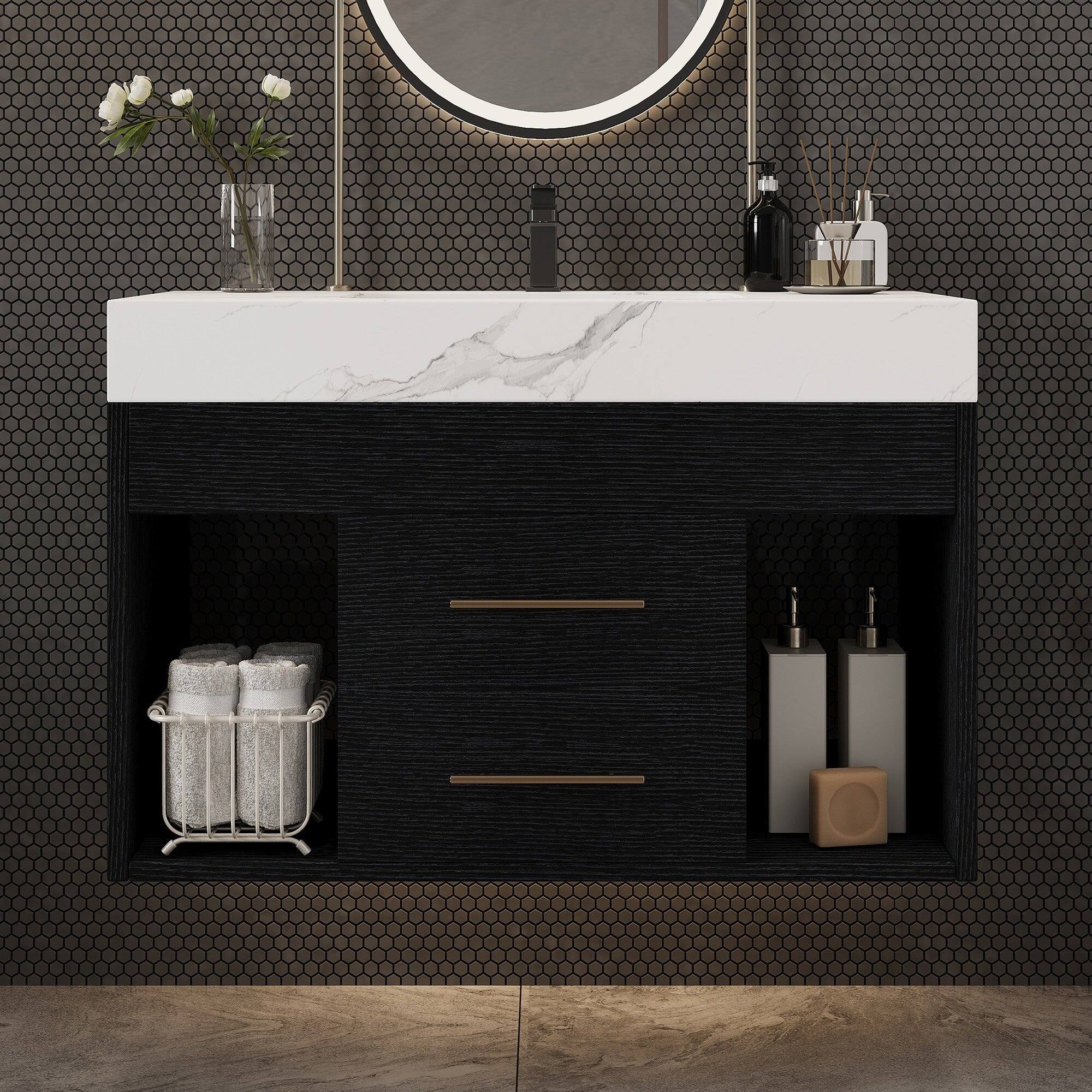 Alt View 1. Boyel Living - 29.9 In Wall-Mounted Vanity Sintered Stone Top Ceramic Undermount Sink Small Baths - Black.